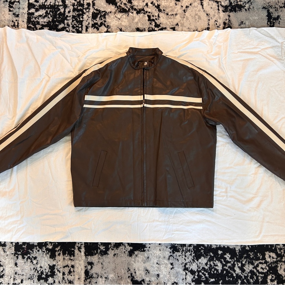 Motel Brown Leather Bomber Jacket with White Accents